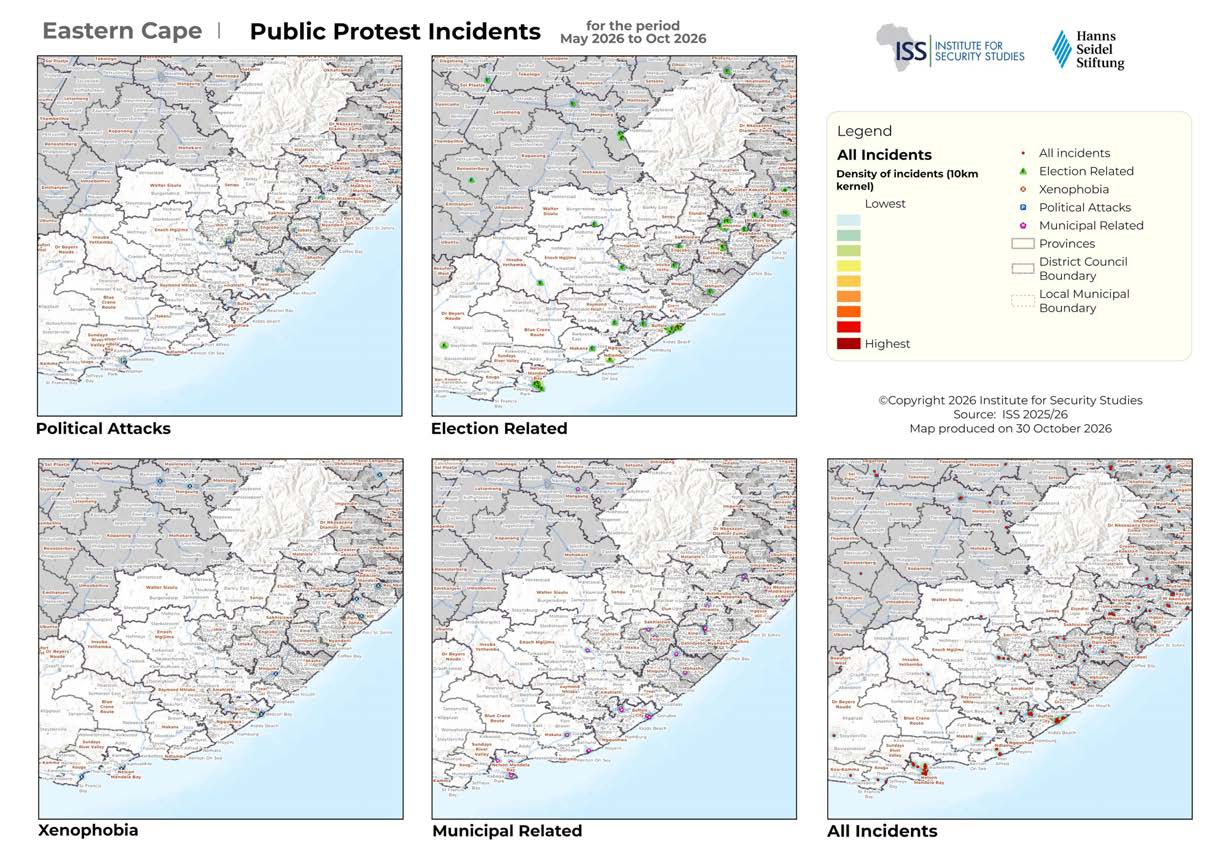 Eastern Cape province public protest maps for May to October 2026 showing political attacks, election-related incidents, xenophobia, municipal-related incidents and all incidents with density heat map.