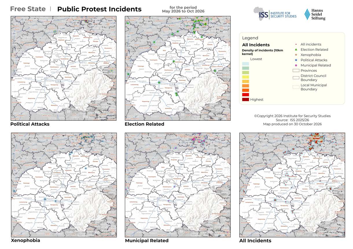 Free State province public protest maps for May to October 2026 across five incident types and density layer.