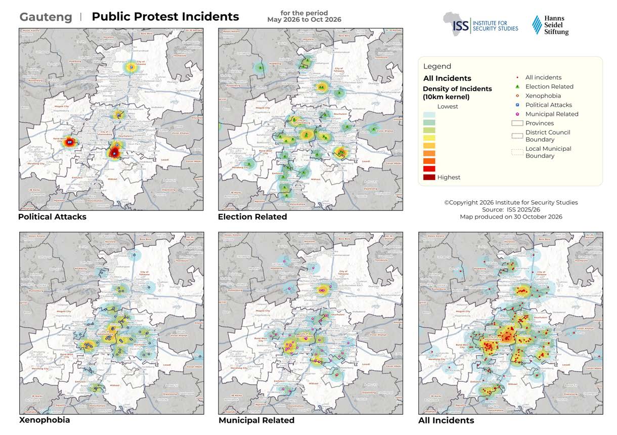 Gauteng public protest incident maps for May to October 2026 showing political attacks, election-related activity, xenophobia, municipal-related incidents and all incidents with density heat map.
