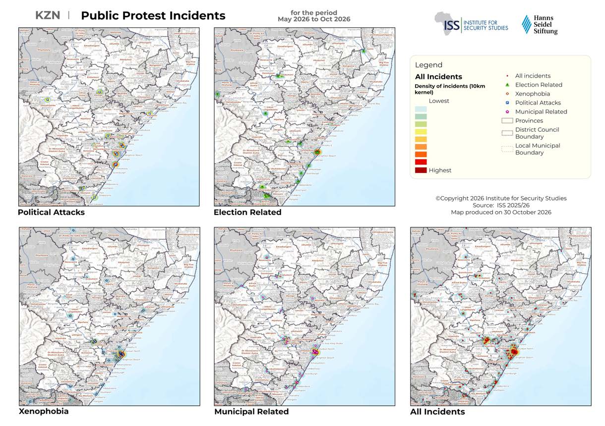 KwaZulu-Natal public protest maps for May to October 2026 with political attacks, election-related, xenophobia, municipal-related and all incident density layers.