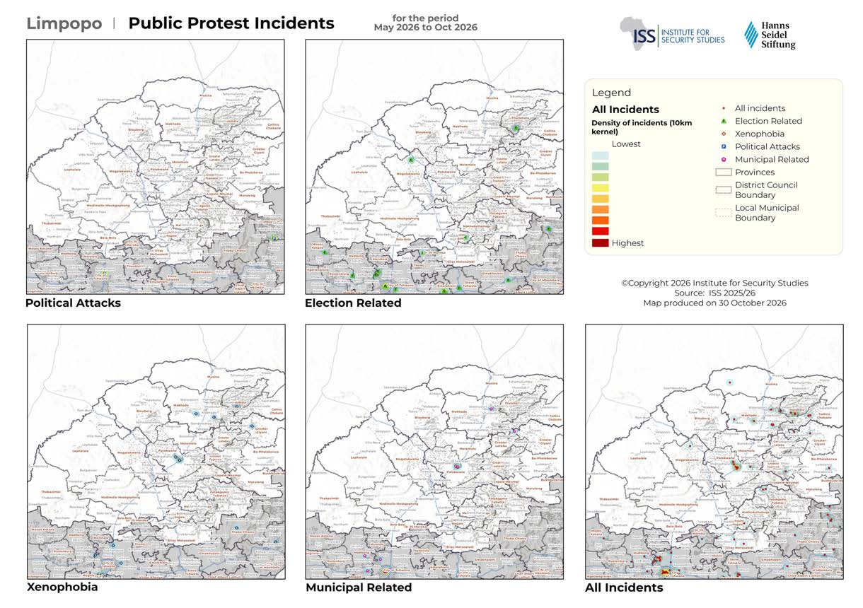 Limpopo province public protest maps May to October 2026 across political attacks, election, xenophobia, municipal and all incident layers.