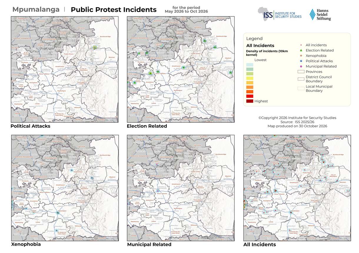 Mpumalanga province public protest maps May to October 2026 showing five incident layers and density scale.