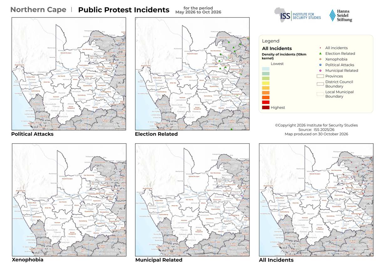 Northern Cape public protest maps for May to October 2026 showing political attacks, election-related, xenophobia, municipal and all incident layers.