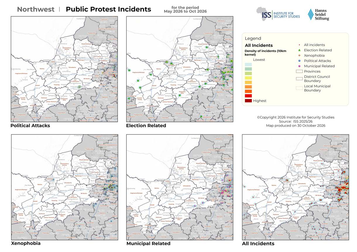 North West province public protest maps for May to October 2026 with incident types and geographic density surface.