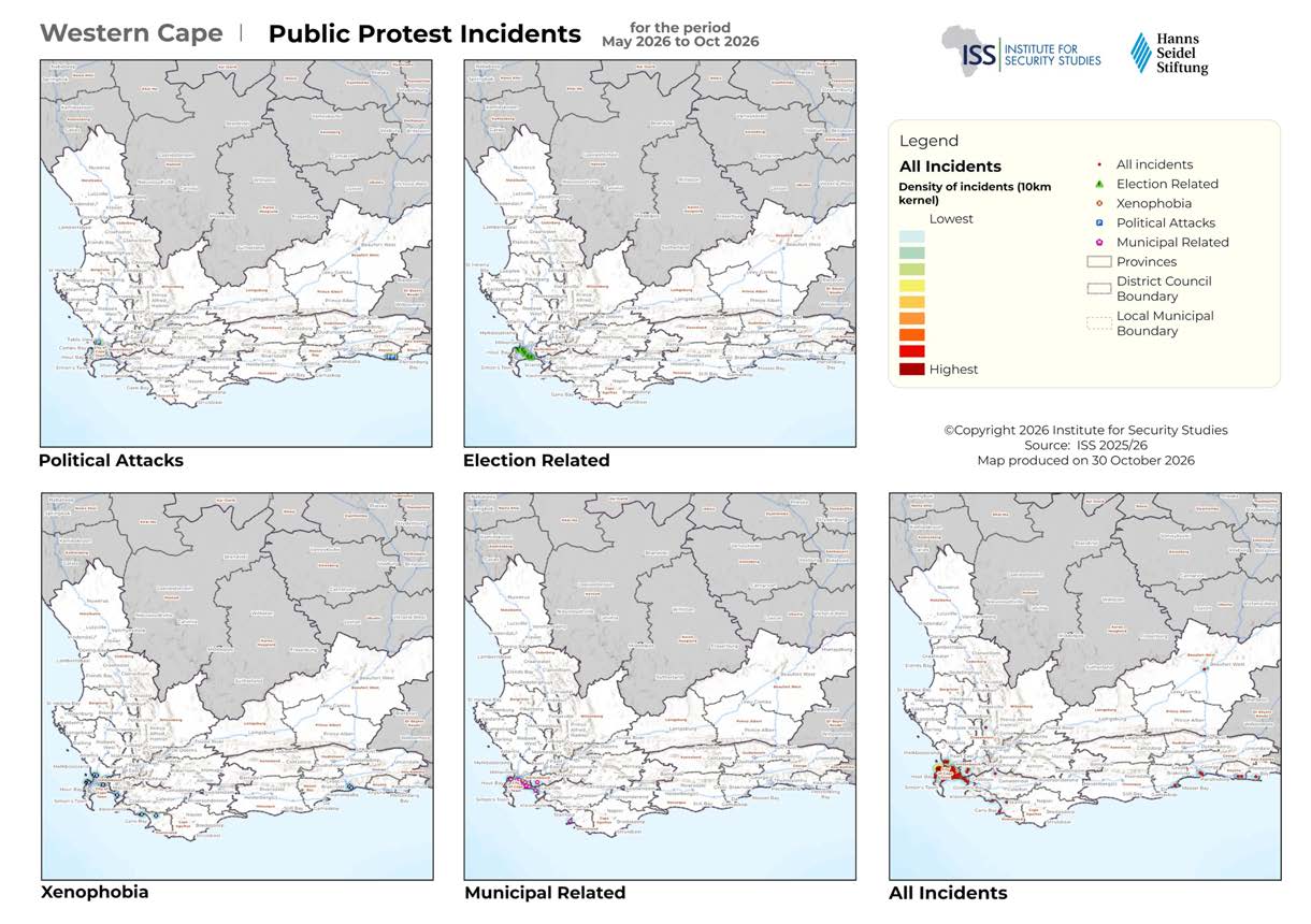 Western Cape public protest maps for May to October 2026 with political attacks, election-related, xenophobia, municipal and all incident layers.