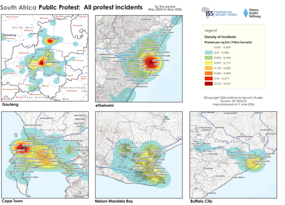 South Africa public protest incident heat maps showing hotspots in Gauteng, eThekwini, Cape Town, Nelson Mandela Bay and Buffalo City.